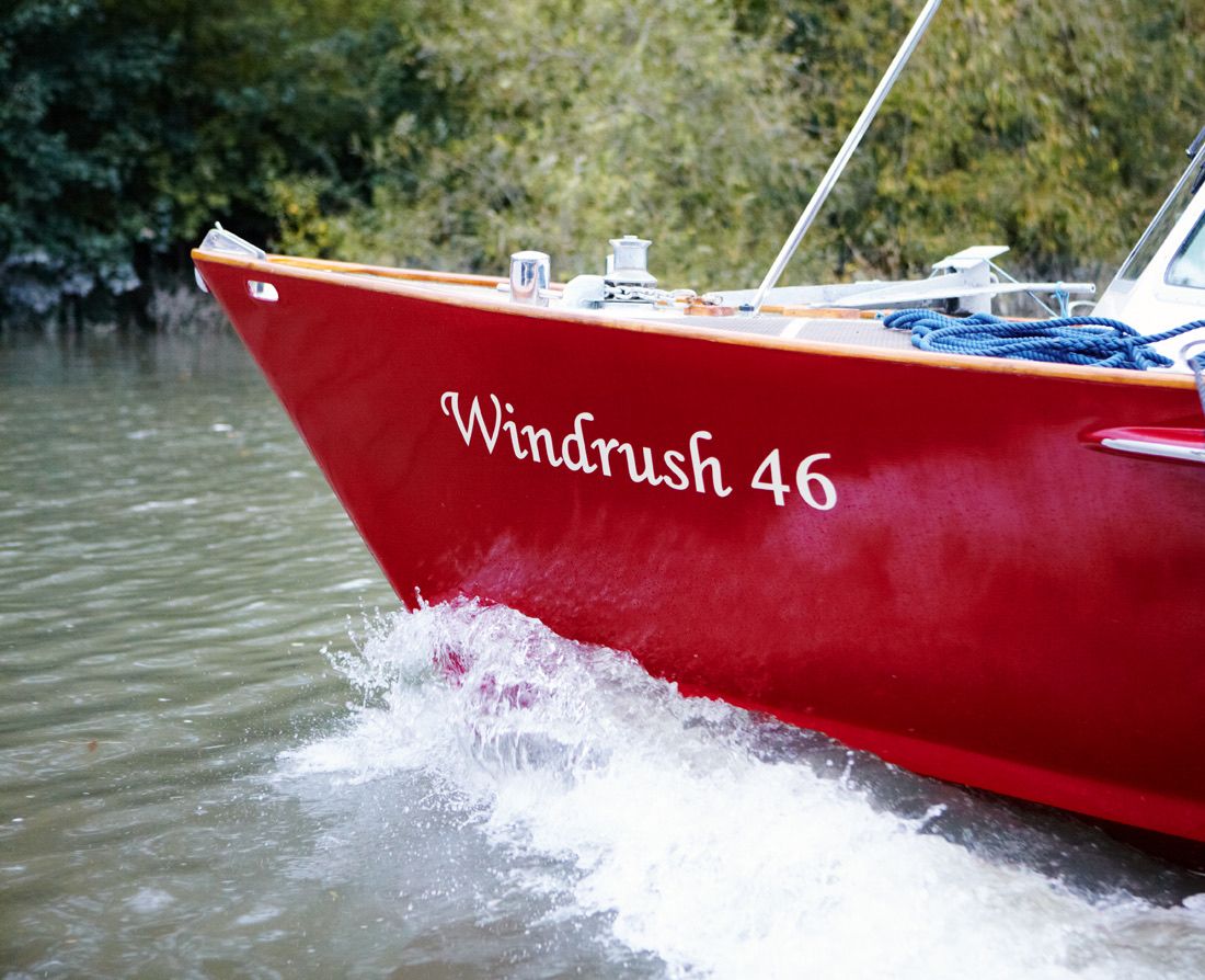 Bow of the Windrush 46 cutting through the Thames