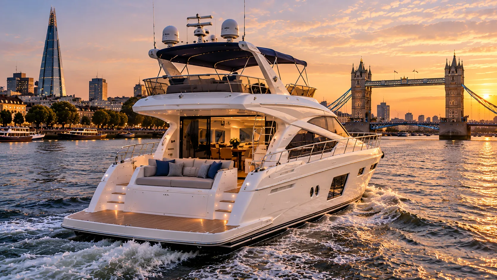 Luxury yacht on the Thames with Tower Bridge and the Shard behind