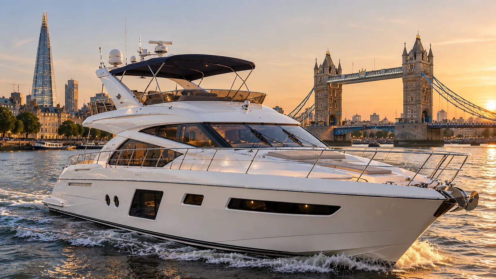 Private yacht on the River Thames passing Tower Bridge at sunset