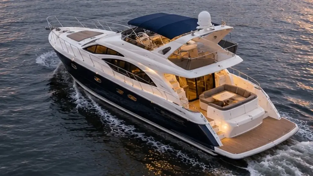 Private yacht underway on the Thames, seen from above at dusk