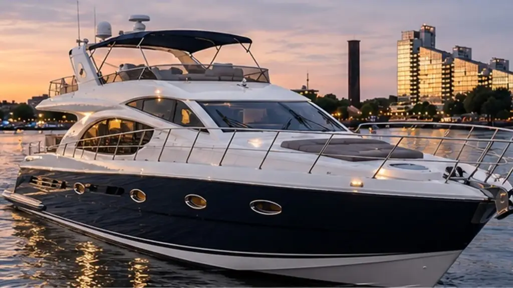 Luxury yacht bow on the River Thames at sunset