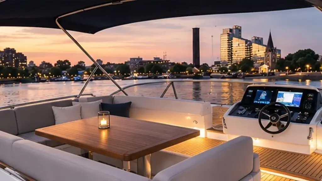 Flybridge dining table and helm on a private yacht at sunset