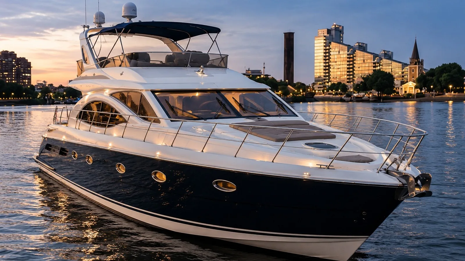 Amour, a private motor yacht, lit up on the Thames at dusk