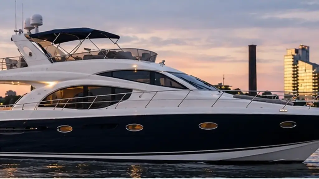 Side profile of a luxury yacht on the Thames at sunset