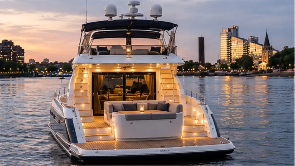 Lit stern lounge of a private yacht on the Thames at dusk
