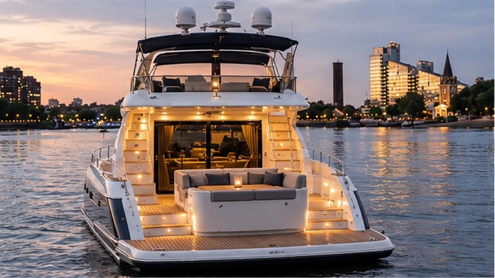 Candlelit lounge on a private yacht on the Thames at dusk