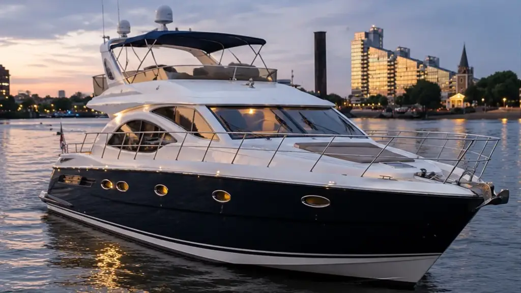 Modern luxury yacht lit up on the Thames at dusk