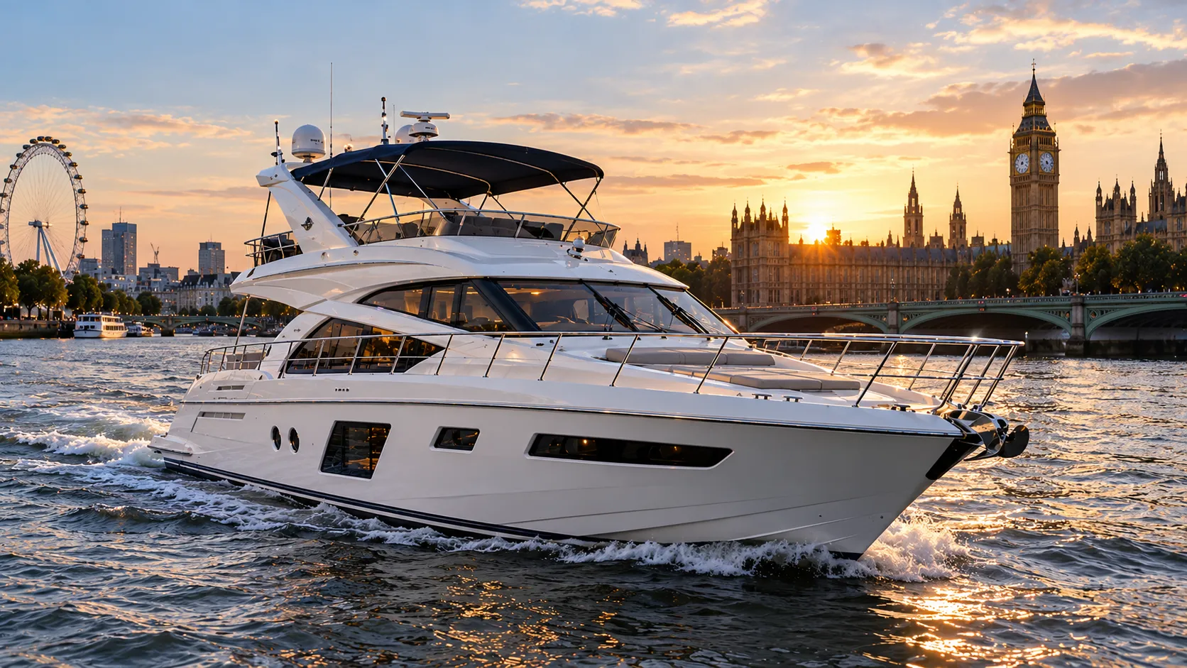 Private yacht cruising past Westminster and Big Ben